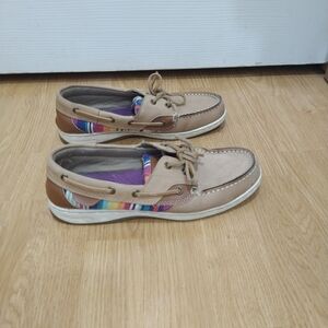 Tan Boat Shoes with Multicolor Accents